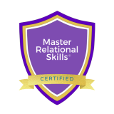 Purple shield-shaped certification badge reading ‘Master Relational Skills.’