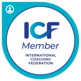 Blue and white circular certification badge reading ‘ICF member, International Coaching Federation.’
