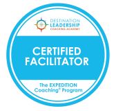 Blue and white circular certification badge reading ‘Certified Facilitator from The Expedition Coaching Program.’